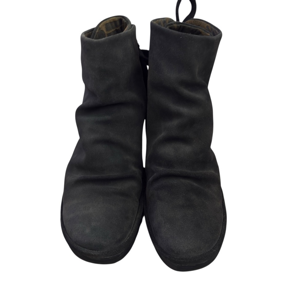 Fly London Yama Suede Wedge Boots Gray Petrol Ruched Ankle Lace Up 39